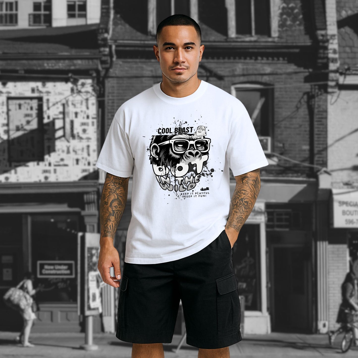 Dudli Graphic Tees Cool Beast Mono - White - oversized_fit
