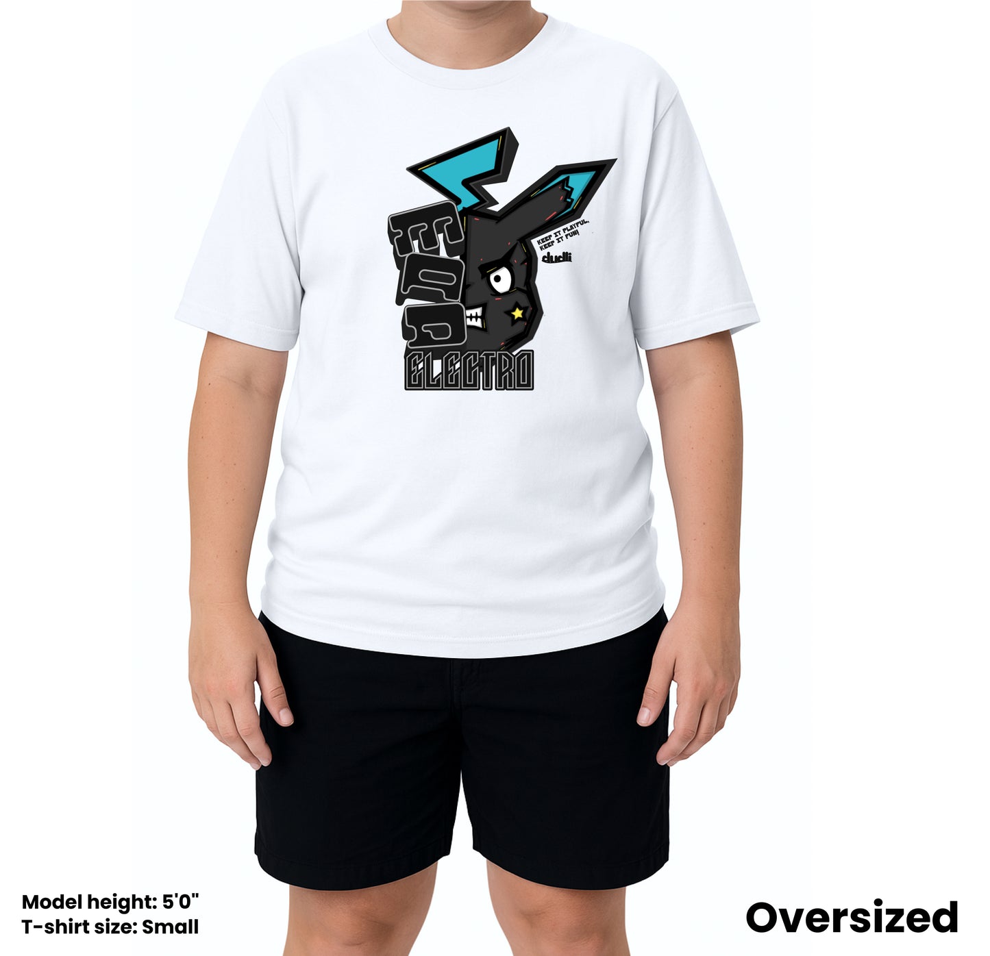 Dudli Playful Graphic Tshirts - Mad Electro - Zap | White - oversized_fit