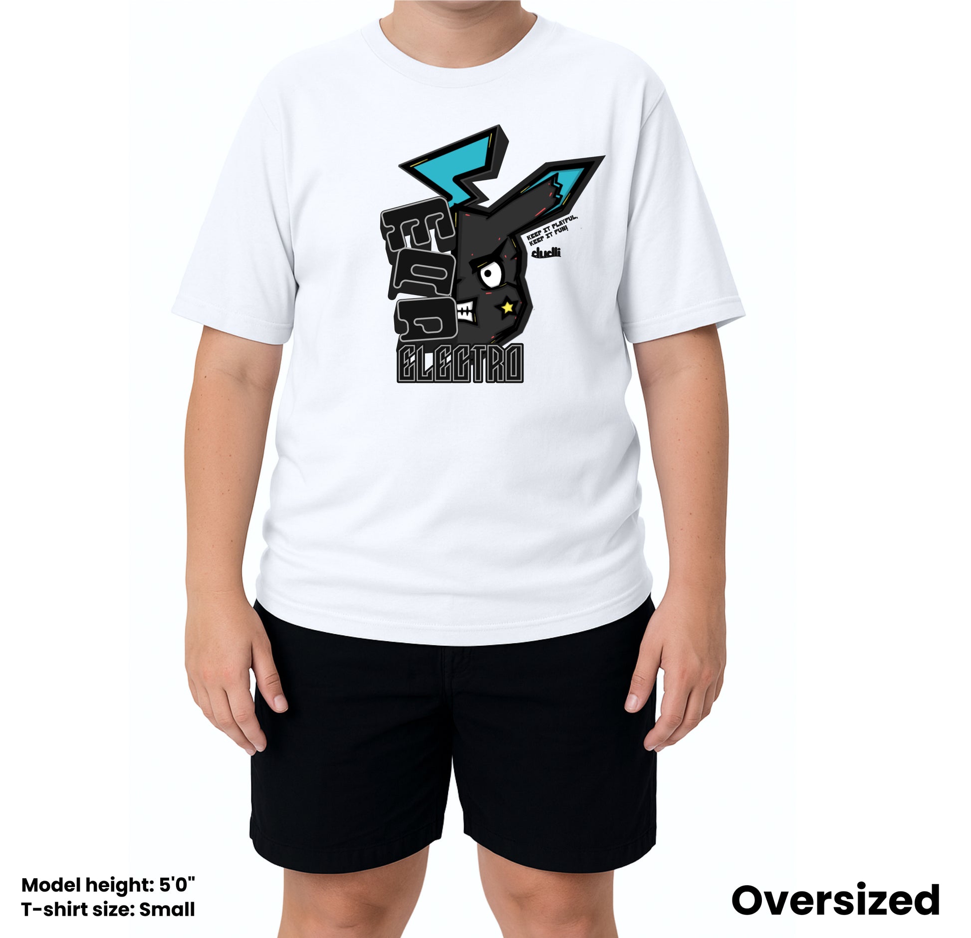 Dudli Playful Graphic Tshirts - Mad Electro - Zap | White - oversized_fit