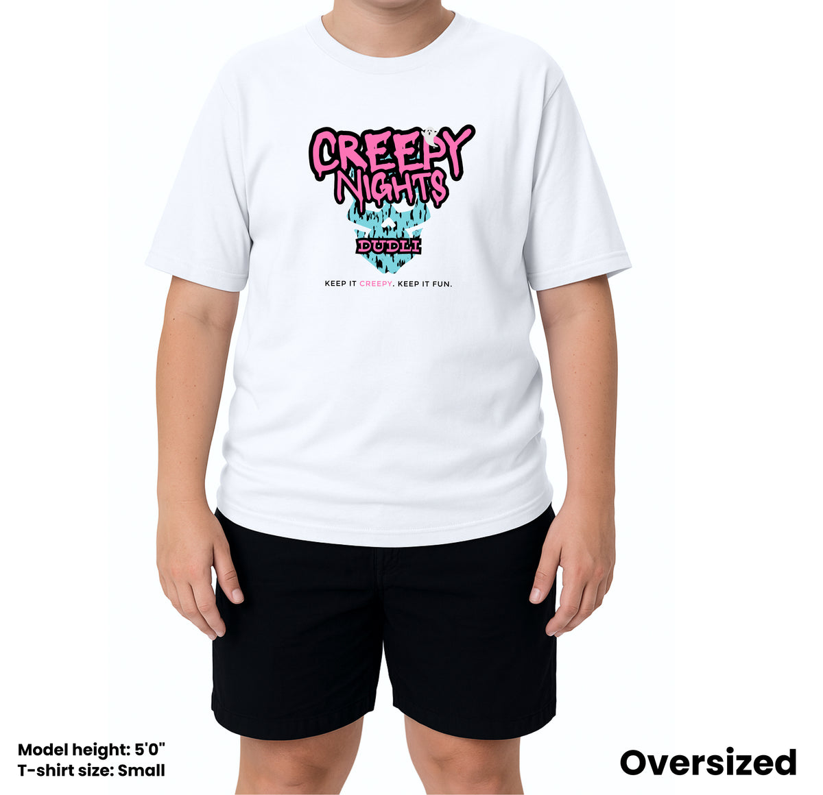 Dudli Graphic Tees - Creepy Nights - White - oversized_fit
