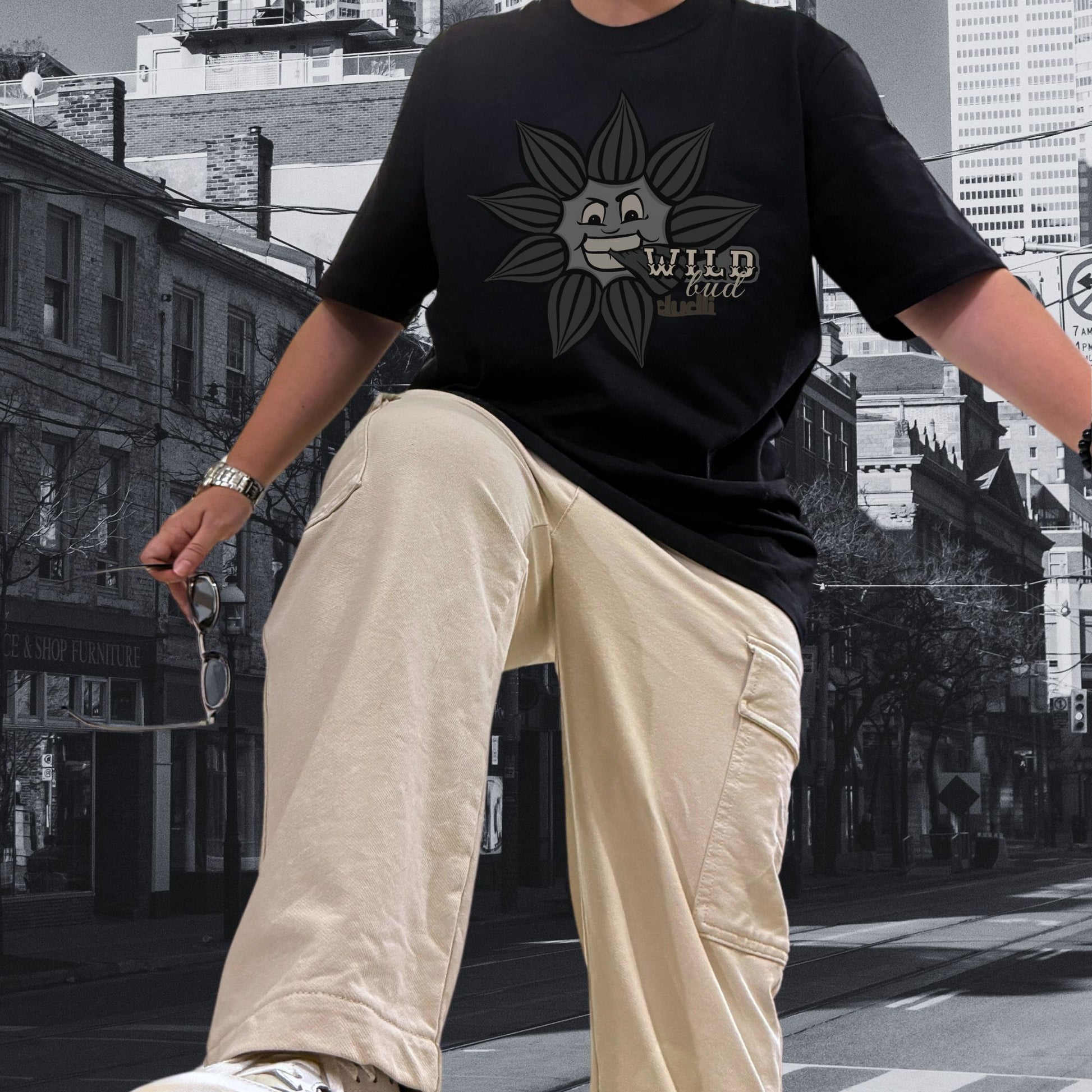 Dudli Playful Graphic Tshirts - Dark - Wild Bud - regular_fit - oversized_fit